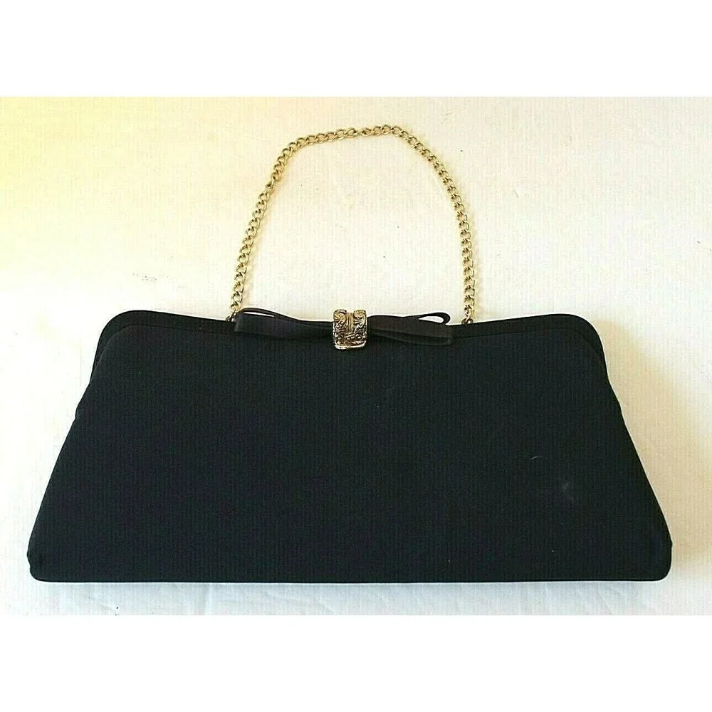 Black Evening Bag Vintage Clutch Purse Gold Chain Ornate Clasp
